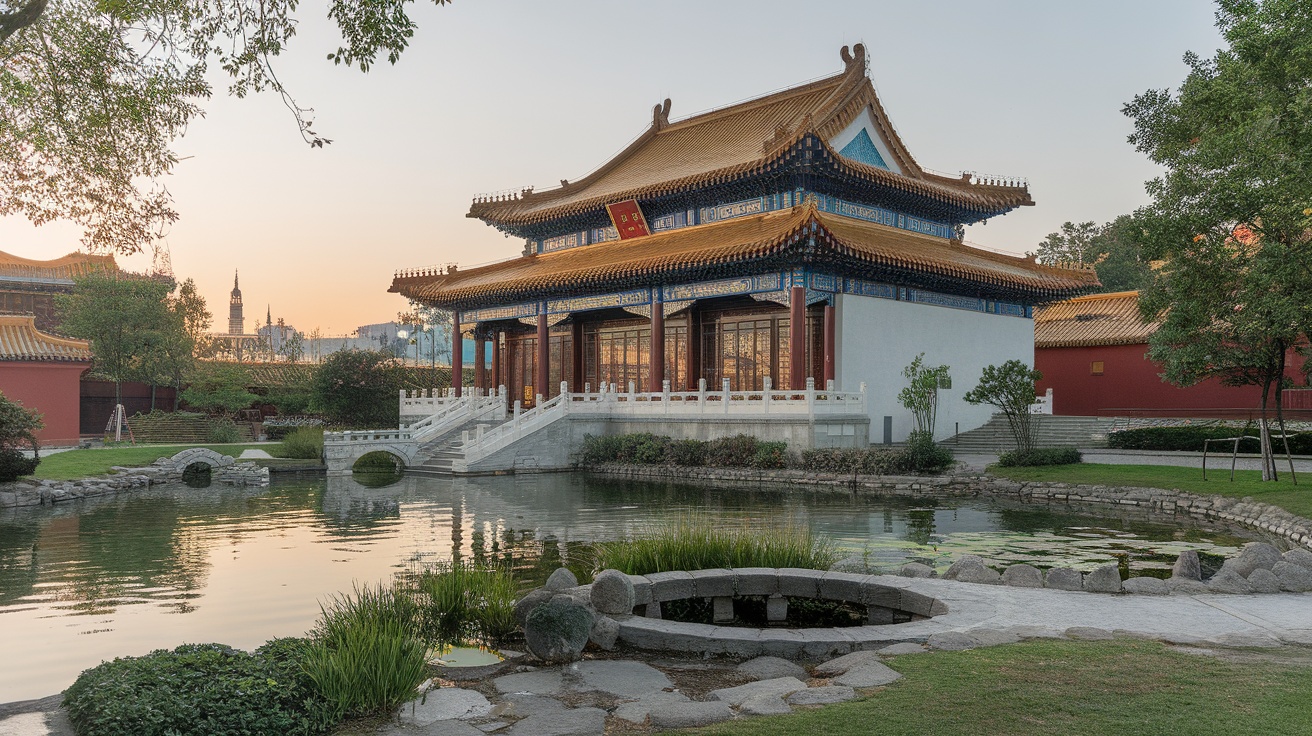 A beautiful building in the China Pavilion at Epcot surrounded by lush greenery and a reflective pond.