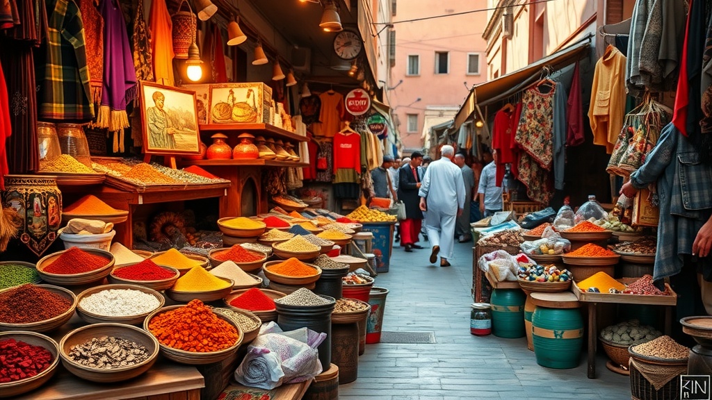 Colorful market stalls filled with spices and textiles in Marrakech.