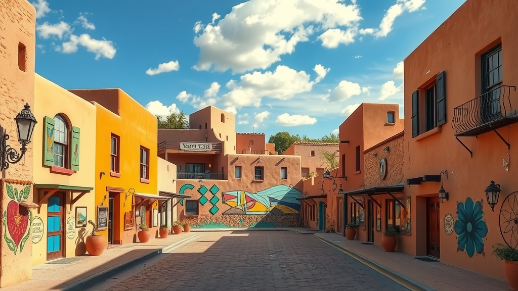 A lively street in Santa Fe, New Mexico, showcasing colorful buildings and art.