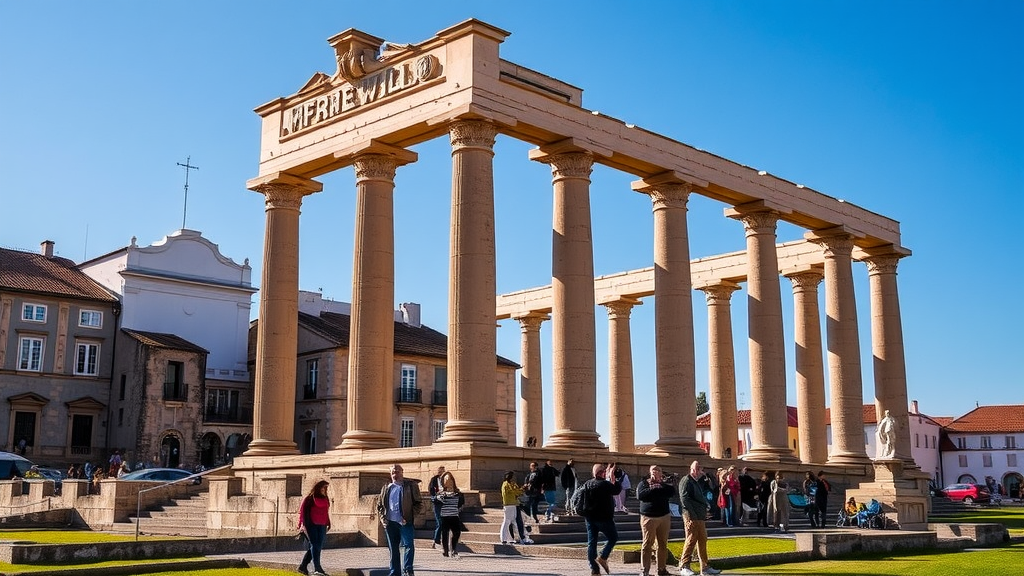 The Roman Temple in Évora, Portugal, surrounded by modern buildings and people.