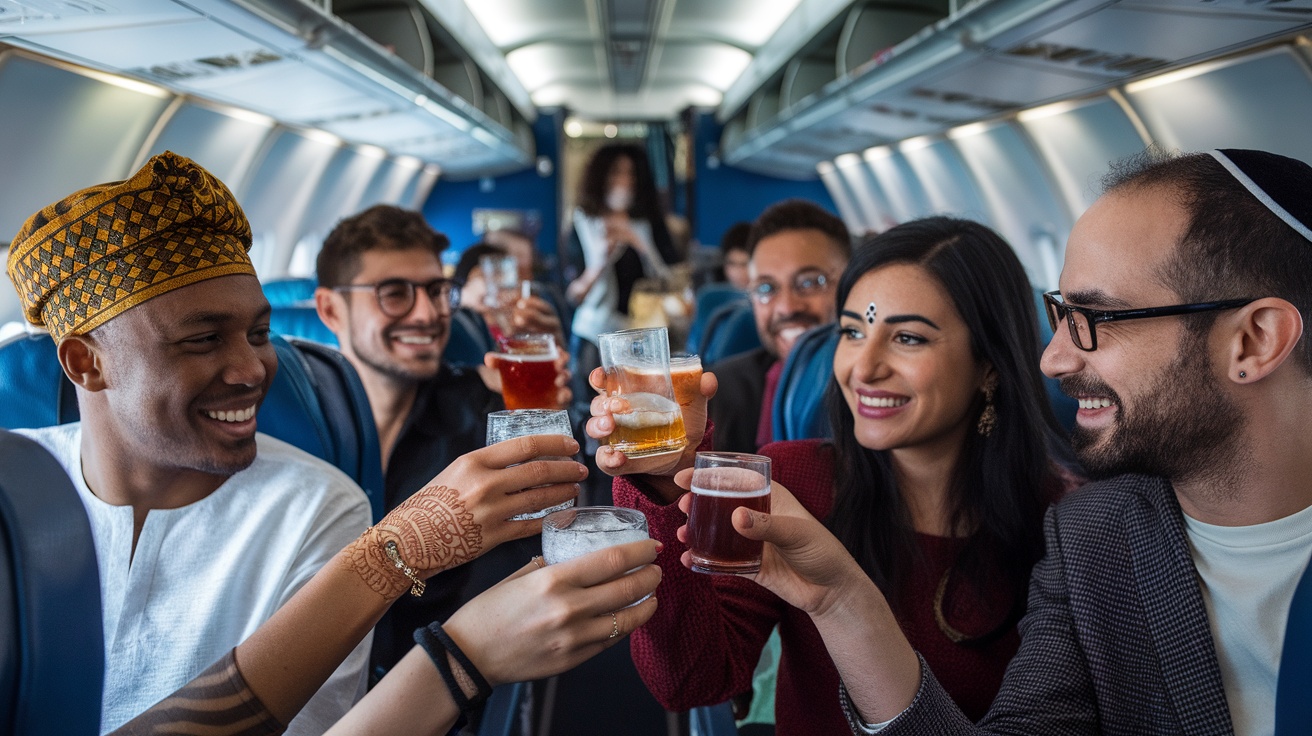 Passengers on an airplane raising glasses in a toast, showcasing a celebration.