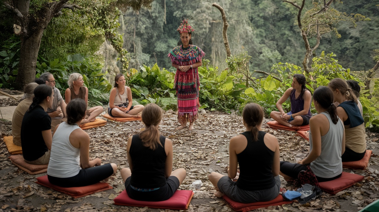 Group of people attending a cultural wellness retreat in a natural setting.