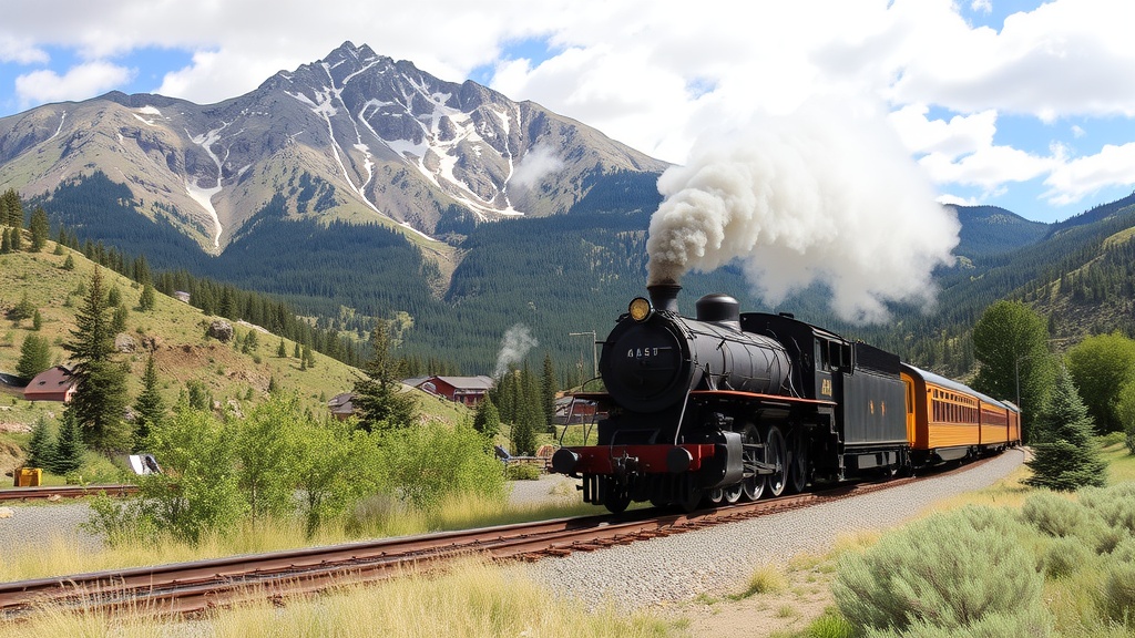 Steam train traveling through a mountainous landscape in New Mexico.