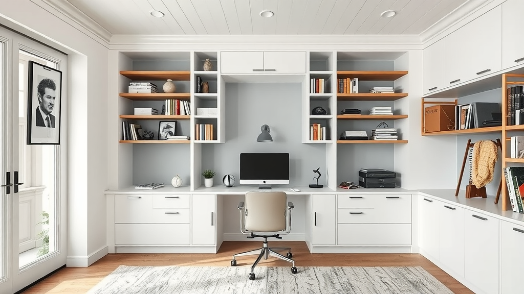 A modern home office with customized built-in storage, featuring shelves, a desk, and a comfortable chair.