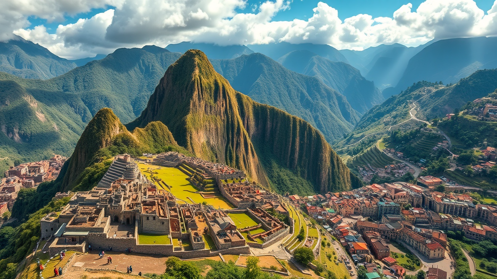 A panoramic view of Machu Picchu surrounded by lush mountains under a bright sky.