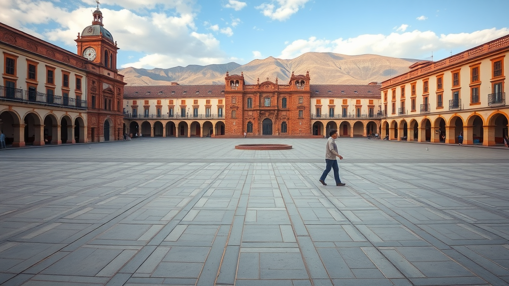 A scenic view of a historic plaza in Cuzco with beautiful colonial architecture and mountains in the background.