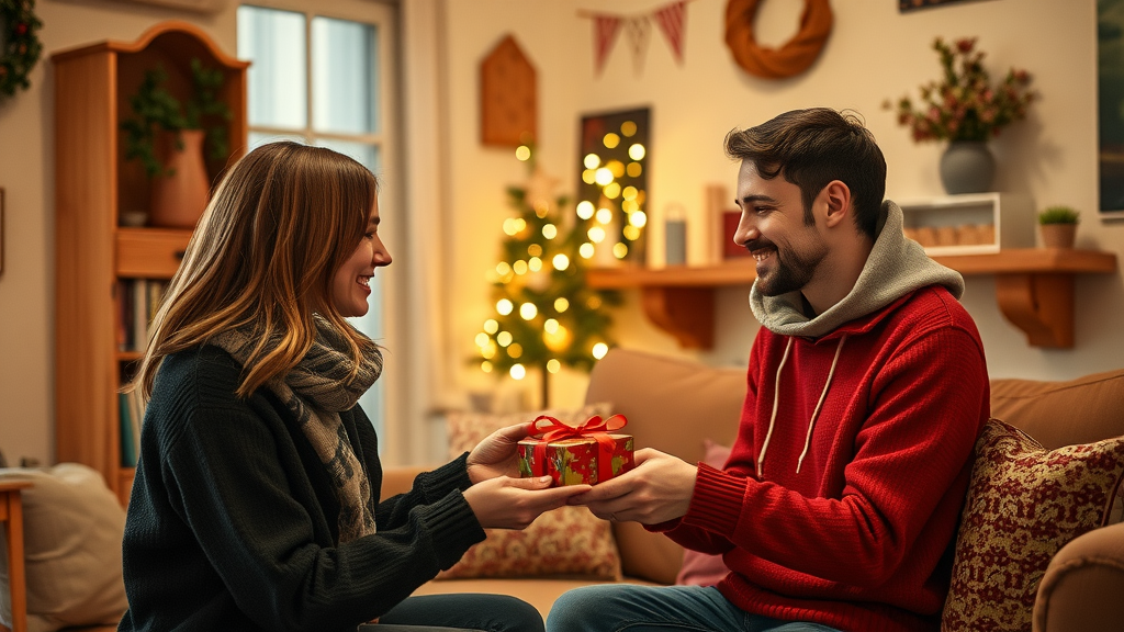 A couple exchanging a gift, smiling at each other in a cozy living room decorated for the holidays.