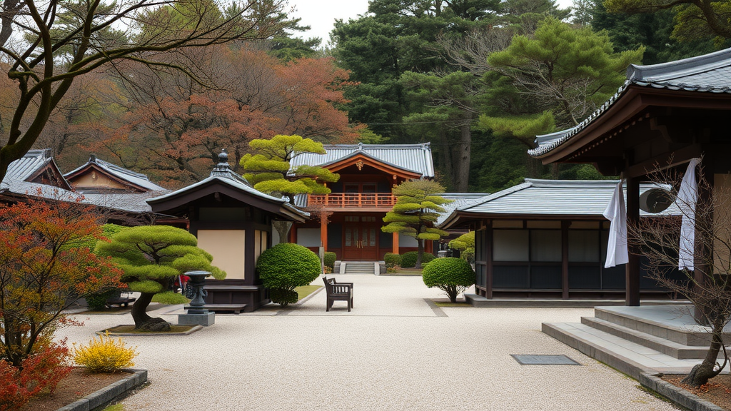 A serene view of Daitoku-ji Zen monastery complex with manicured gardens and traditional Japanese architecture.