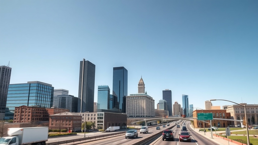 City skyline of Dallas with highway and buildings