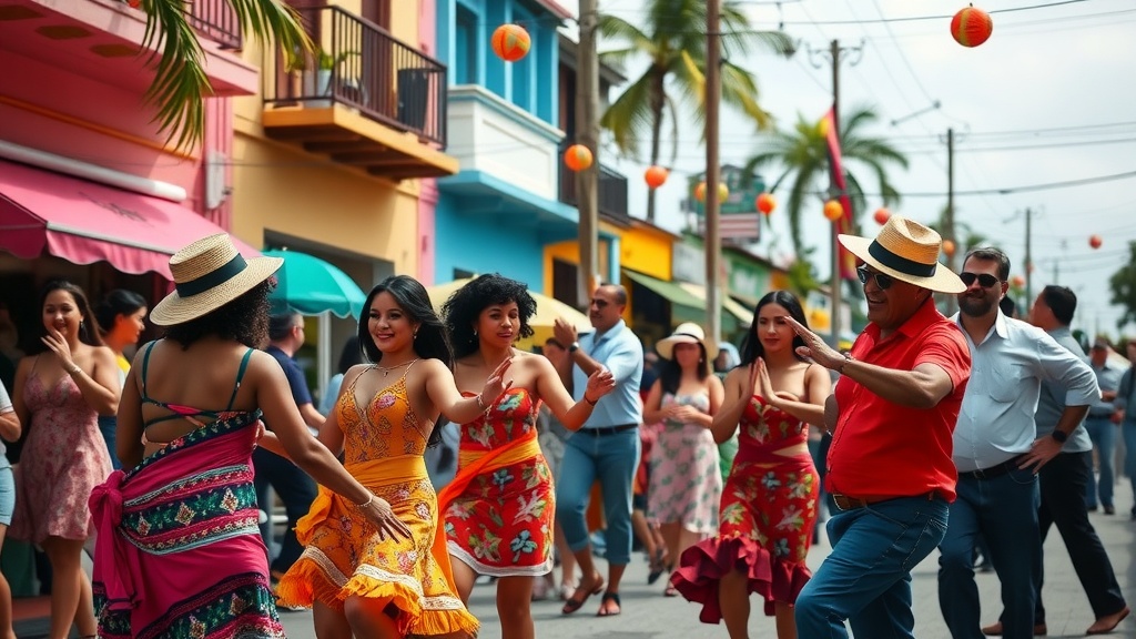 People dancing at a vibrant merengue festival in the Dominican Republic, surrounded by colorful buildings.