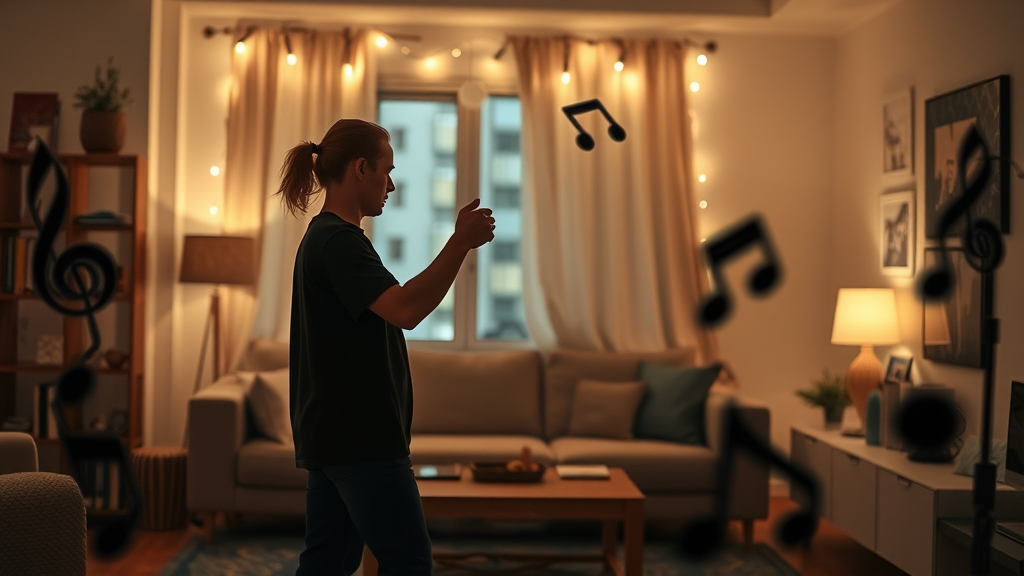 A person dancing in a cozy living room filled with soft lighting and musical notes.