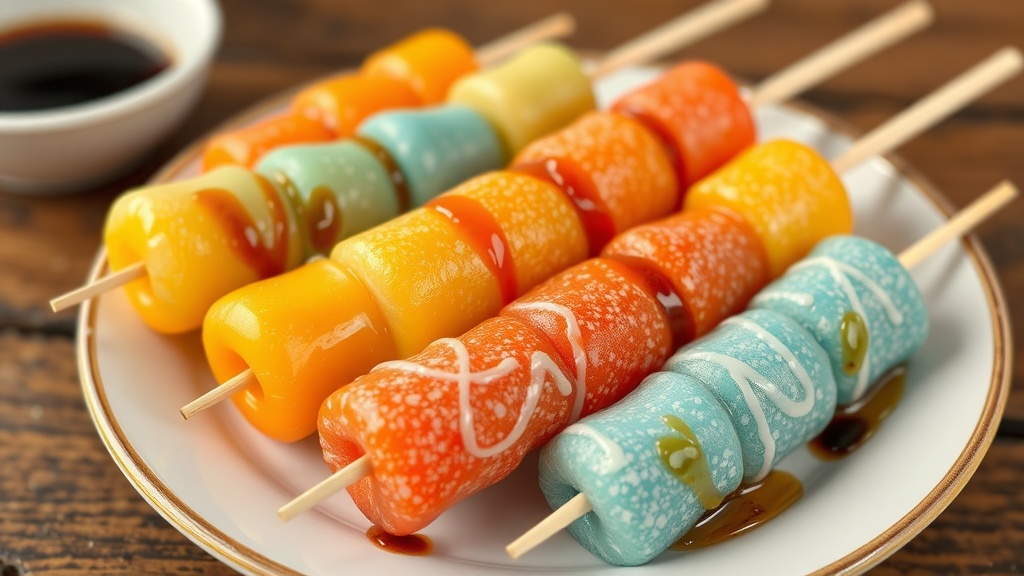 Plate of colorful dango rice dumplings on skewers with dipping sauce.