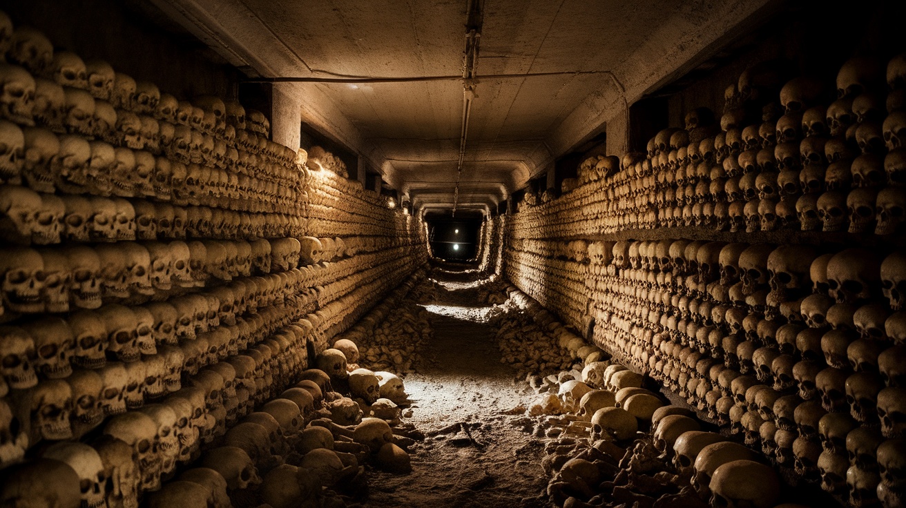 A dark tunnel in the Catacombs of Paris with skulls and shadowy figures.