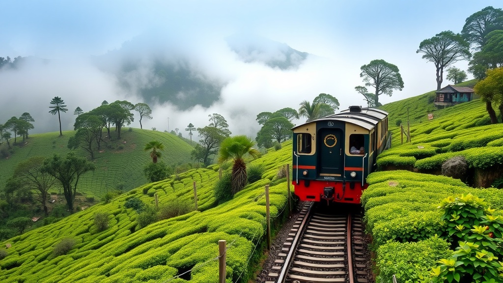 A scenic view of the Darjeeling Himalayan Railway train traveling through green tea plantations and misty mountains.