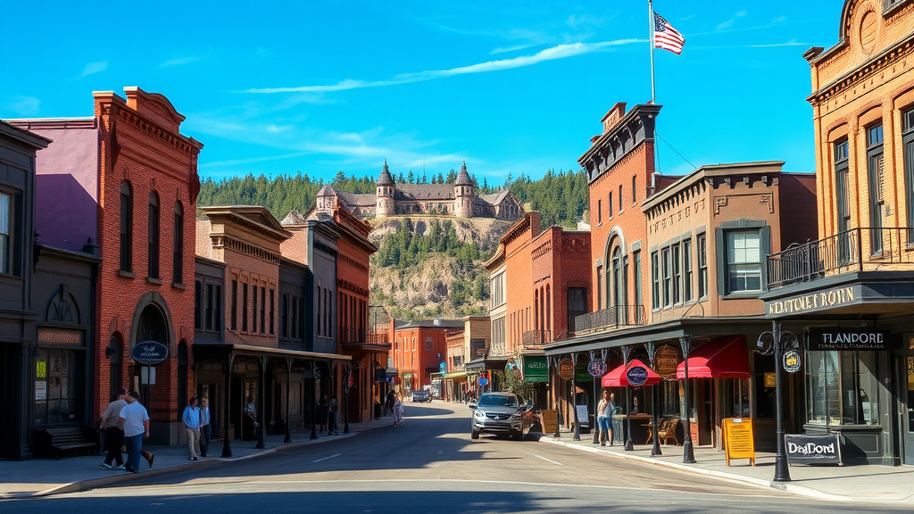 A view of Deadwood, South Dakota with historic buildings and a backdrop of trees and hills.