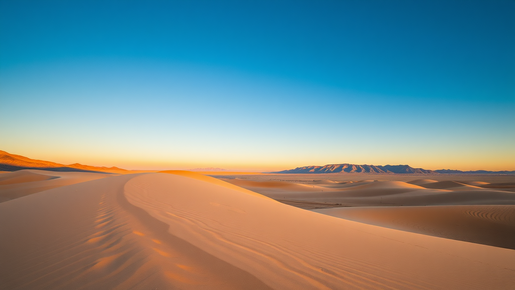 A picturesque view of the Mesquite Flat Sand Dunes at sunset in Death Valley, California.