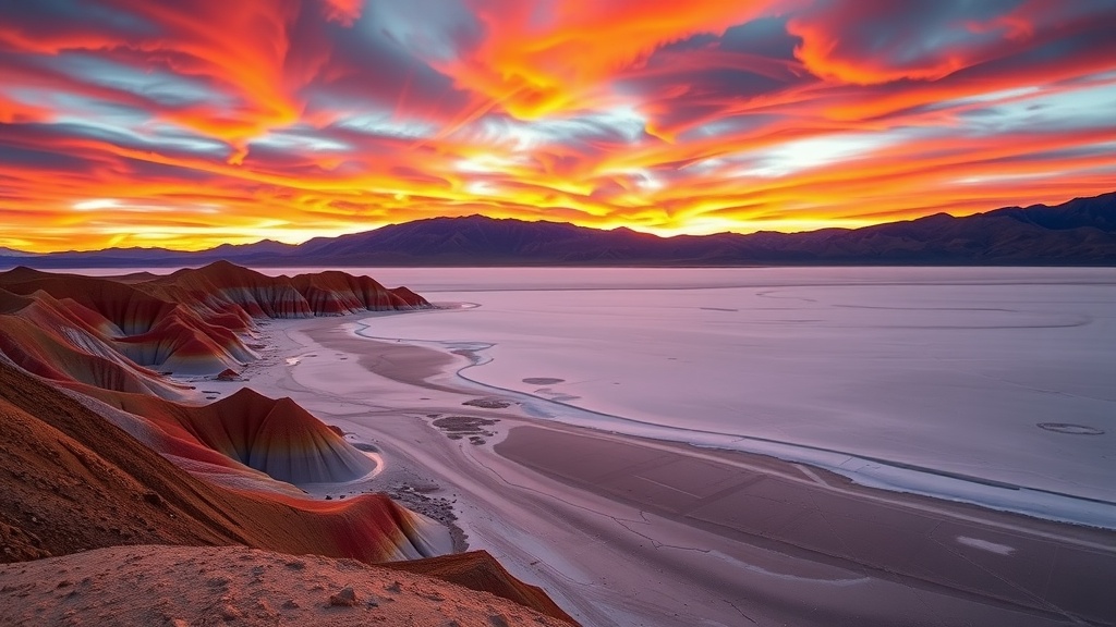 A vibrant sunset over colorful rock formations in Death Valley.