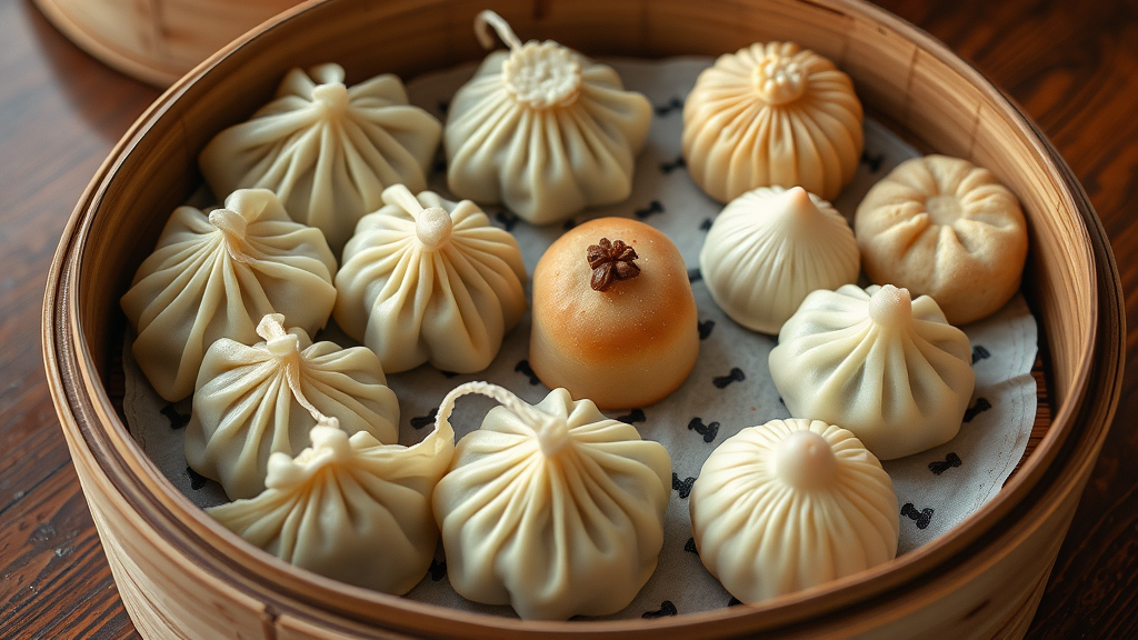 A bamboo steamer filled with various Chinese dim sum dumplings.