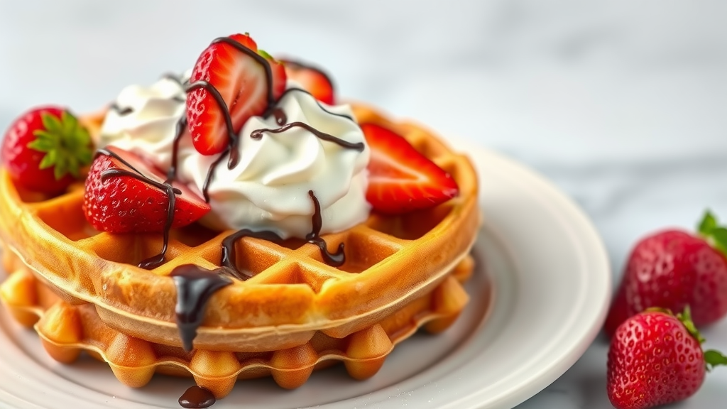 A plate of Belgian waffles topped with strawberries and whipped cream, drizzled with chocolate sauce.