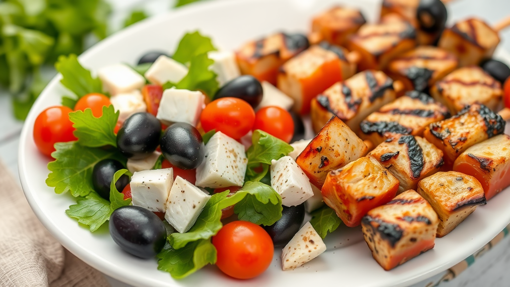 A plate with grilled vegetable skewers and a fresh Greek salad with tomatoes, olives, and feta cheese.