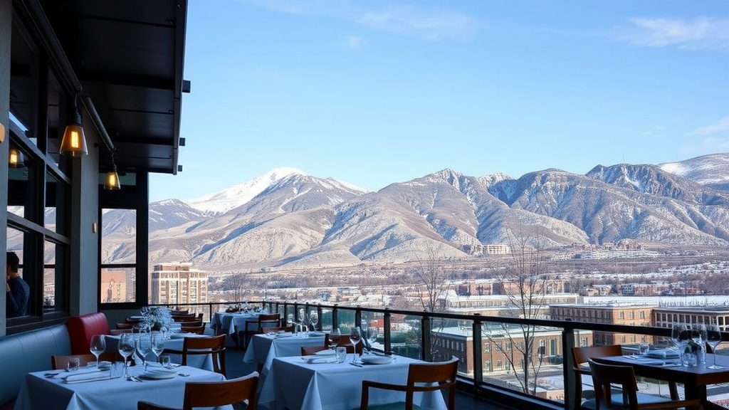 A fine dining restaurant in Denver with tables set outside, overlooking snow-capped mountains.