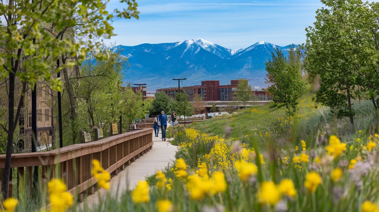 Scenic view of a walking path with mountains in the background and yellow flowers in the foreground.