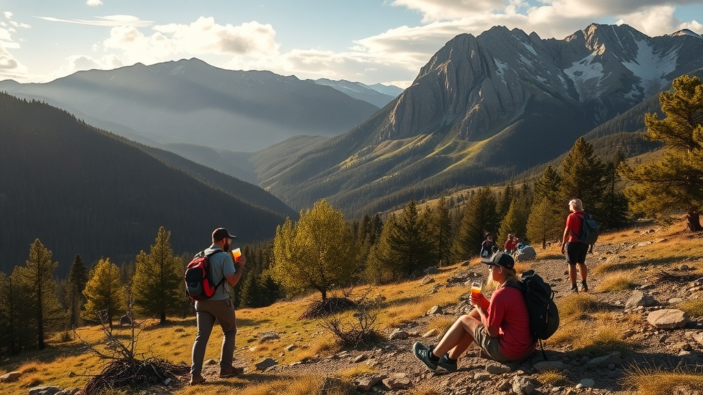 A scenic view of hikers in Denver's mountains during sunset.