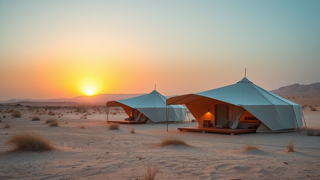 Two luxurious tented lodges in the desert at sunset