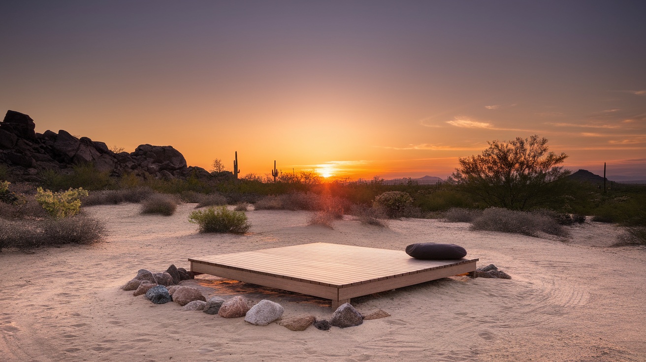 A serene desert scene featuring a wooden platform at sunset, surrounded by rocks and cacti.