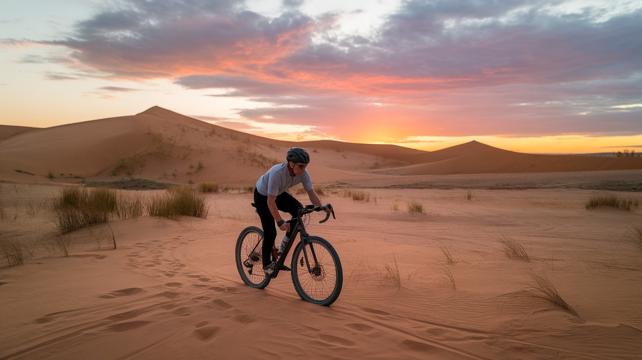 A cyclist riding a bike on desert sand dunes at sunset.