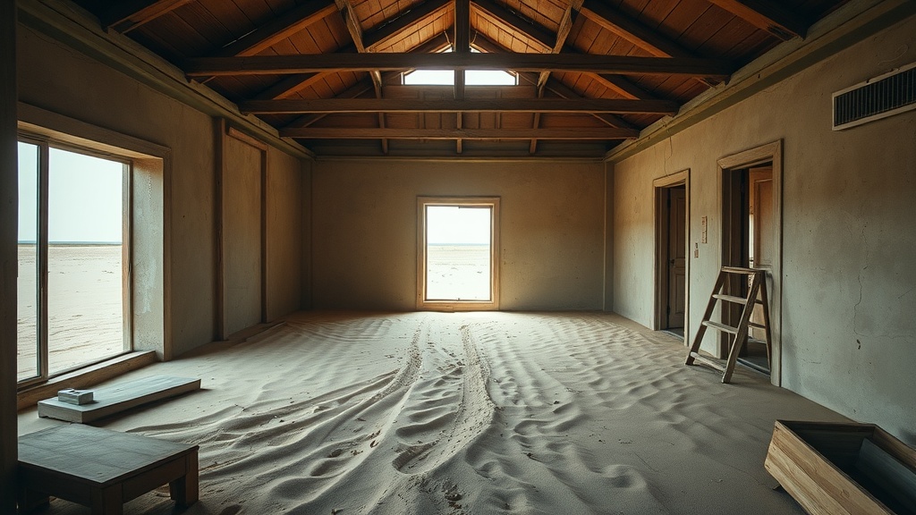 An abandoned room in Kolmanskop, Namibia, with sand covering the floor and sunlight streaming through windows.