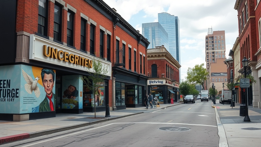 A street scene in Detroit showcasing new shops and vibrant culture.