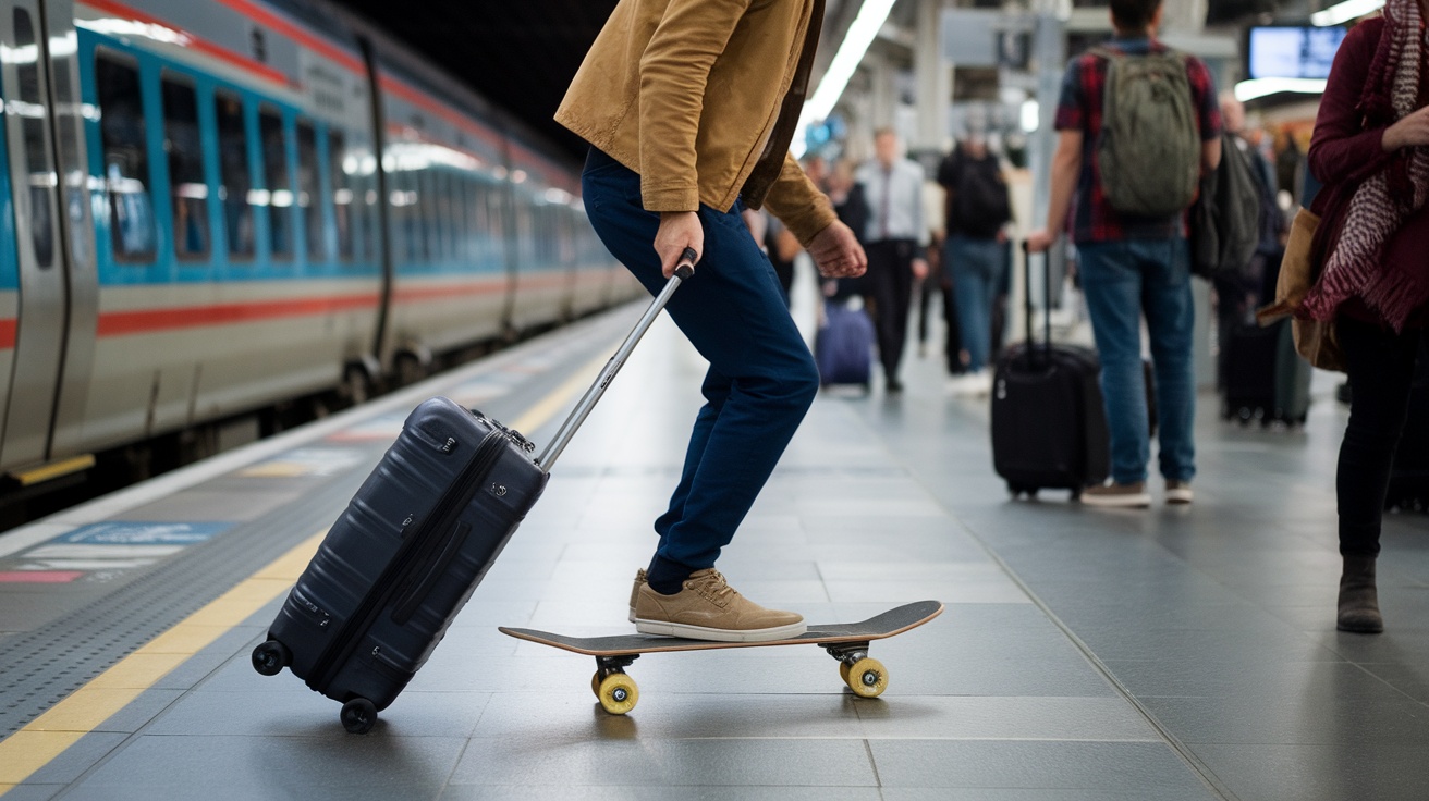 A traveler is fixing a suitcase with blue tape at a busy train station.