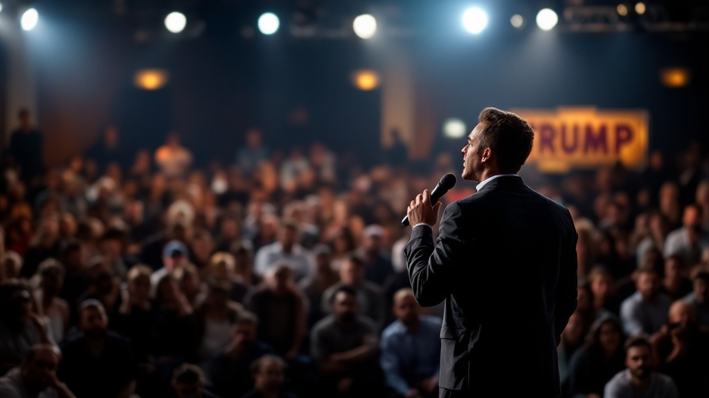 A speaker addresses a large audience, showcasing public speaking skills.