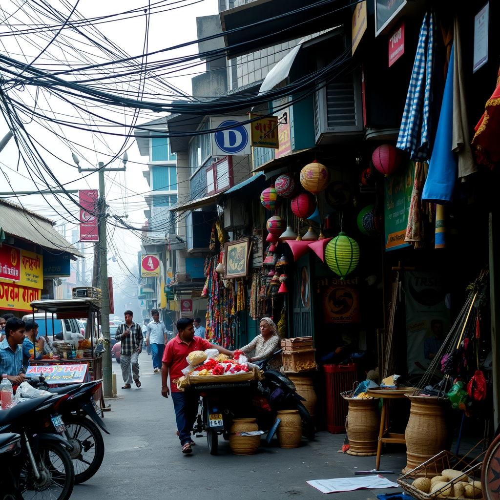 A busy street in Dhaka, Bangladesh, showing vendors and colorful shops