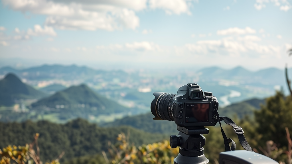 A digital camera set up on a tripod overlooking a scenic view.