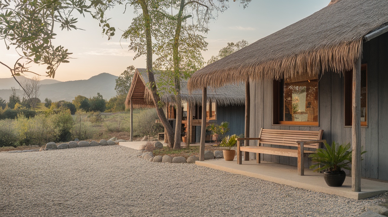 A tranquil wellness retreat with rustic cottages and beautiful natural surroundings