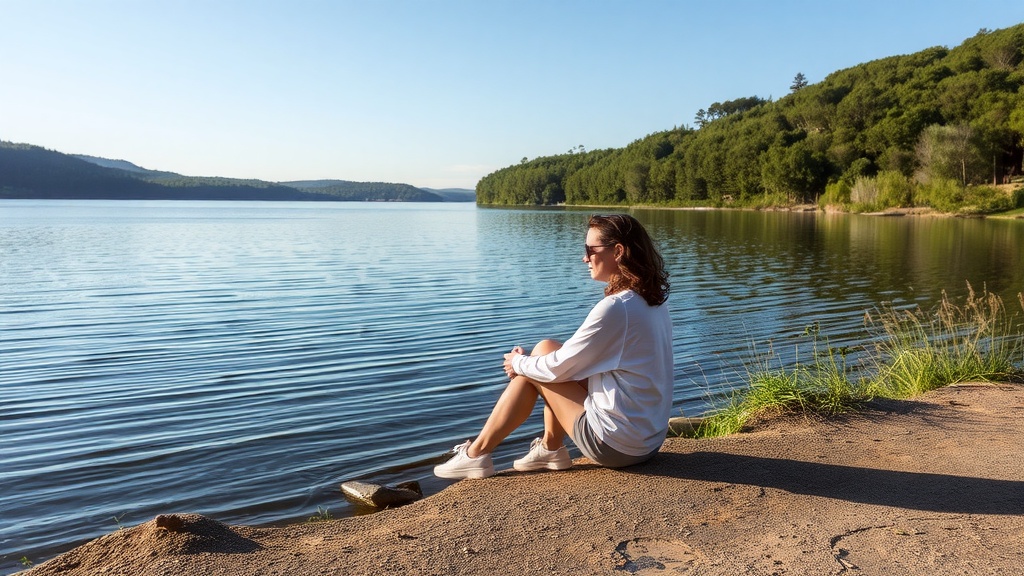 A person sitting by a lake, enjoying the view and disconnecting from technology.