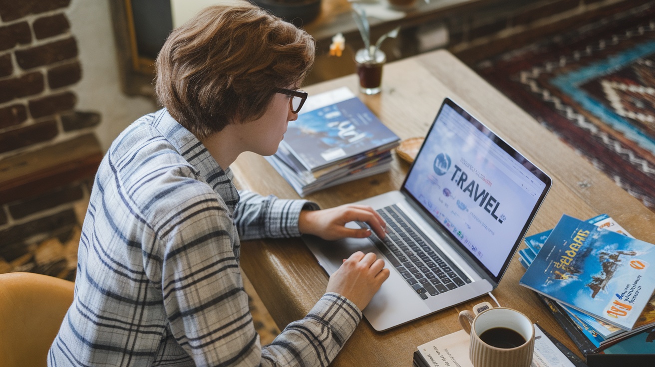 Person working on a laptop with travel brochures and a cup of coffee