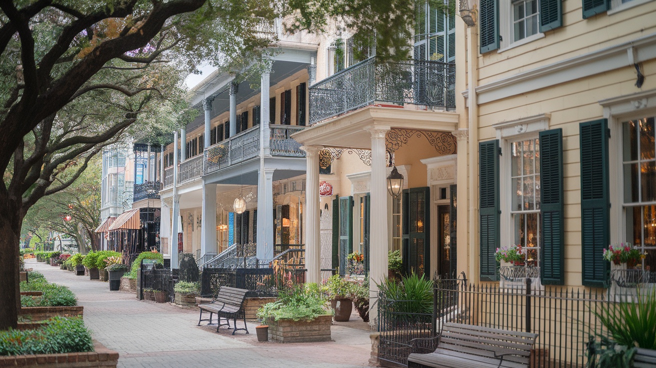 Charming street in Savannah, Georgia, with shops and greenery.