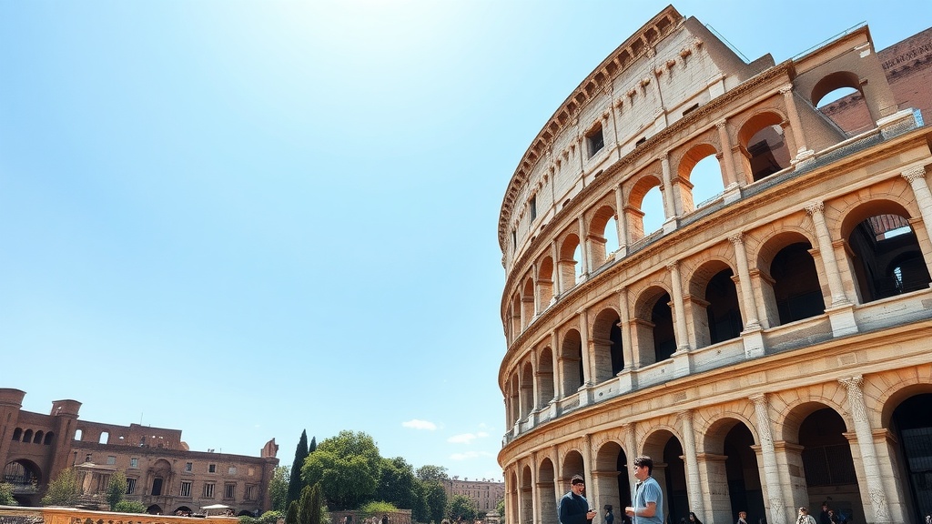 A view of the Colosseum in Rome with a clear blue sky.