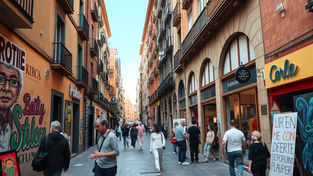 A vibrant street in Barcelona showcasing art and local culture.