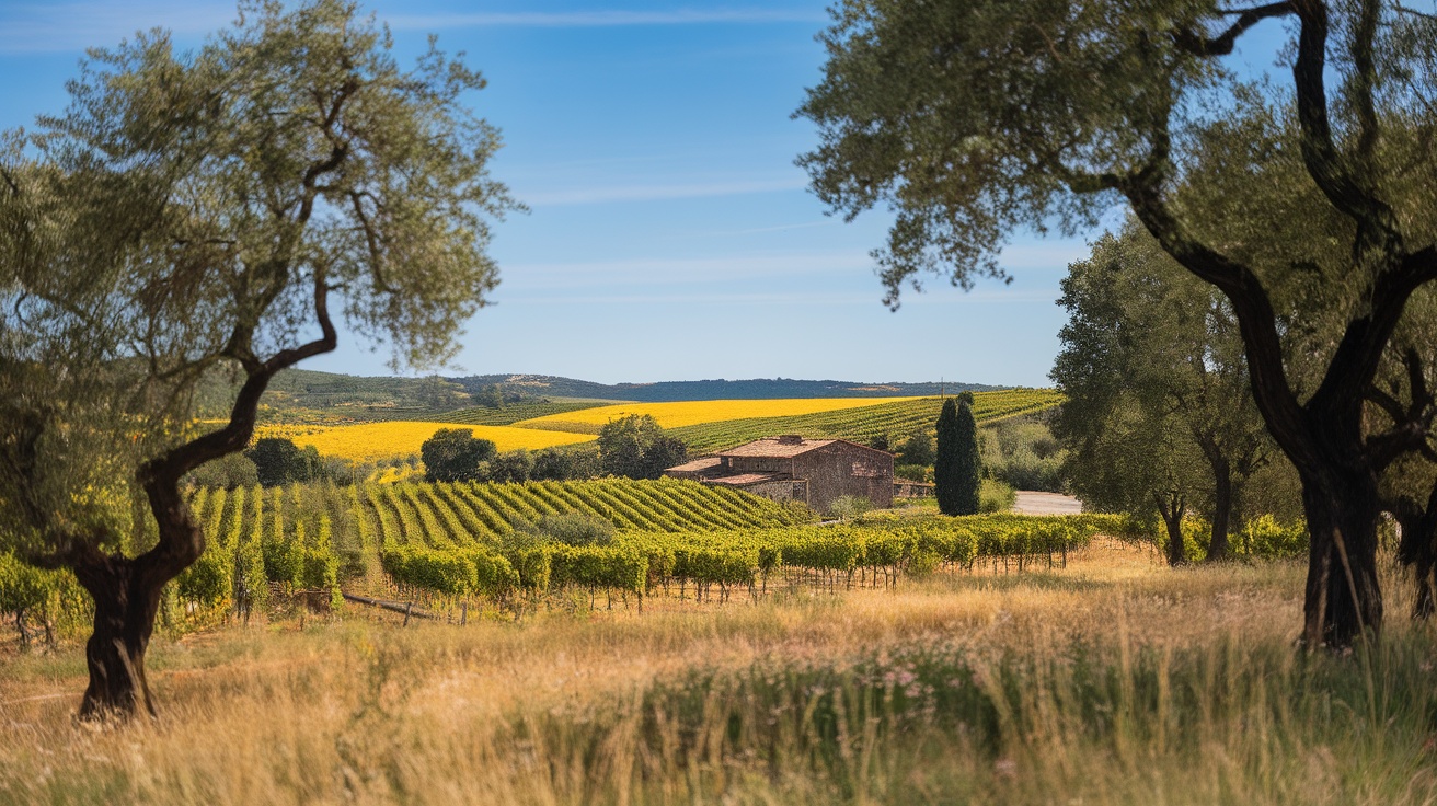 A scenic view of vineyards in Portugal's Alentejo region, featuring rolling hills and olive trees.