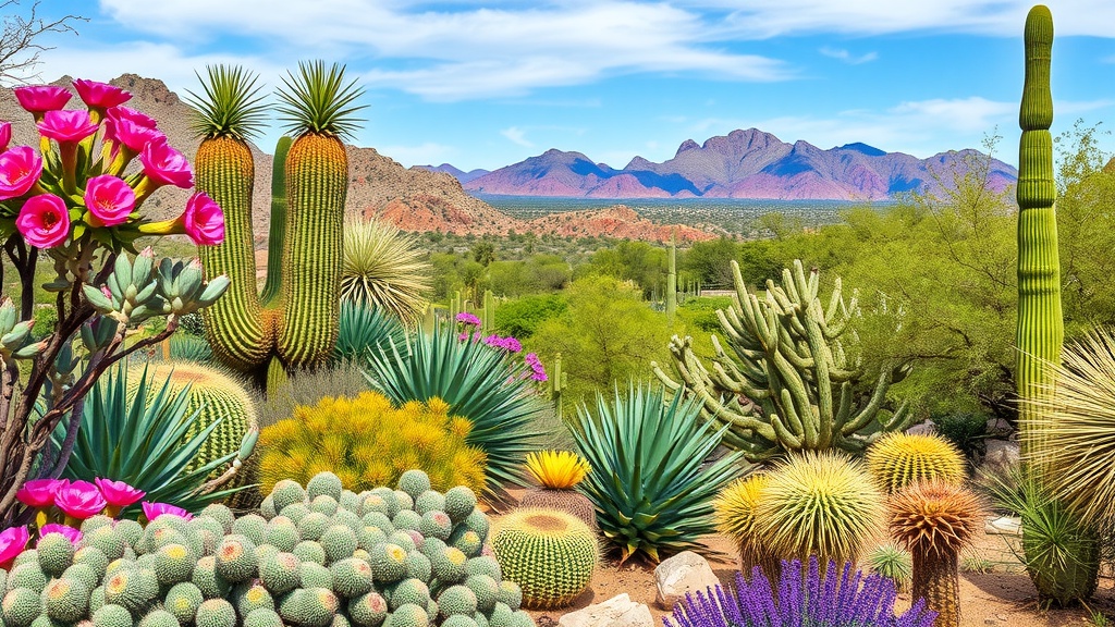 Scenic view of the Desert Botanical Garden showcasing various cacti and vibrant flowers with mountains in the background.