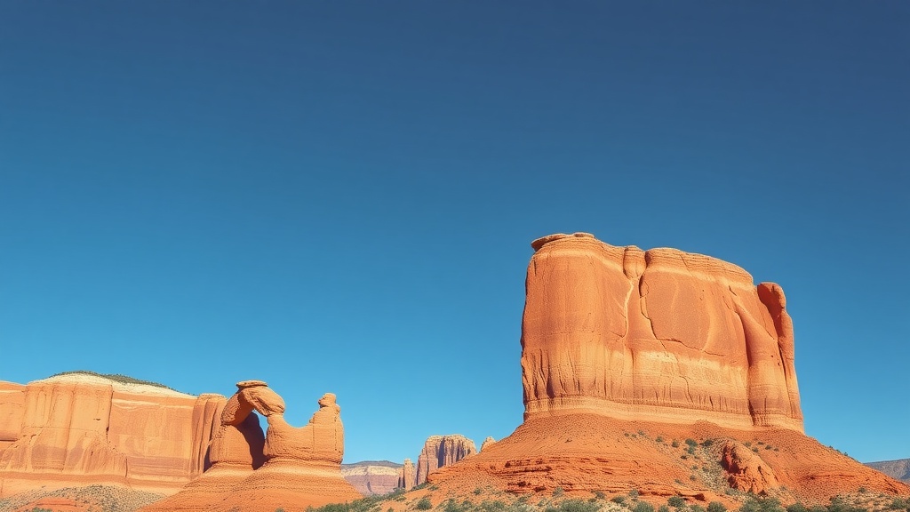 Scenic view of red rock formations under a clear blue sky at the Garden of the Gods.