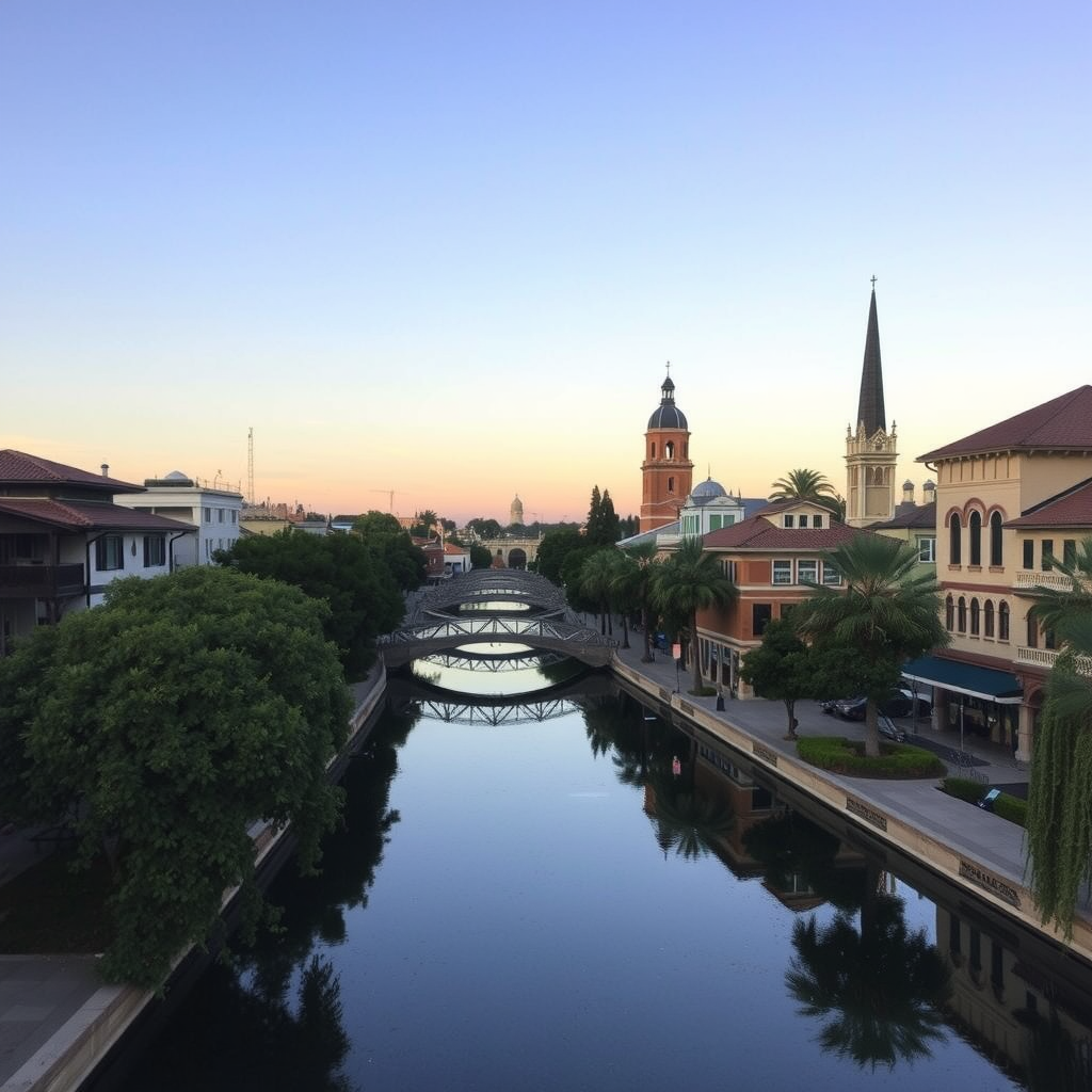 A scenic view of Sacramento's riverfront with historic buildings and a boat docked.