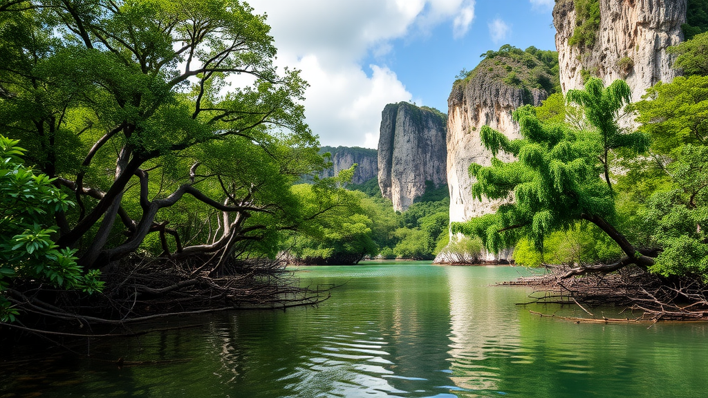 A person kayaking in Los Haitises National Park surrounded by lush greenery and cliffs.