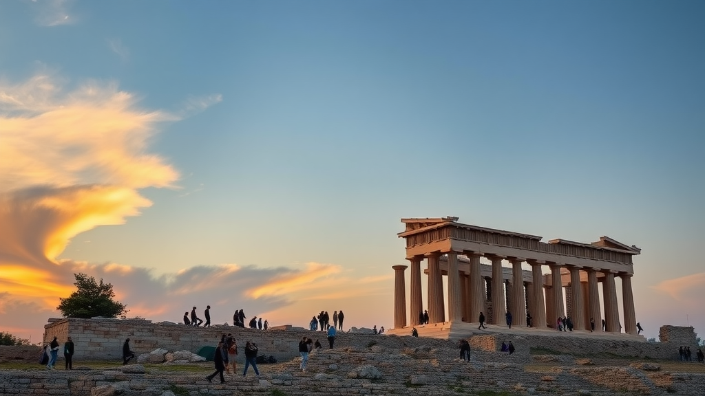 The Parthenon in Athens during sunset with visitors exploring the site.