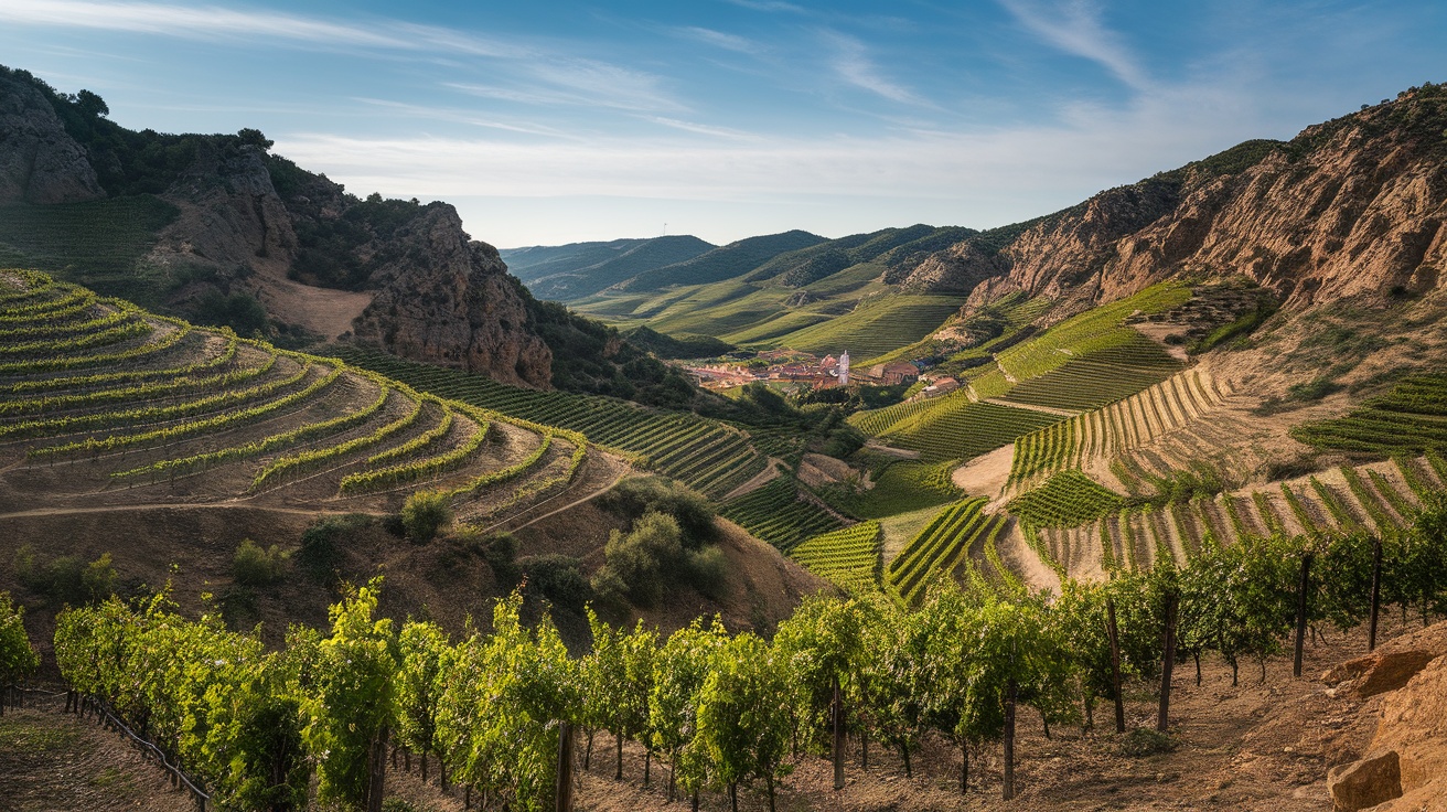 Vineyards in Priorat, Spain, showcasing a beautiful landscape with terraced hills and a village in the distance.