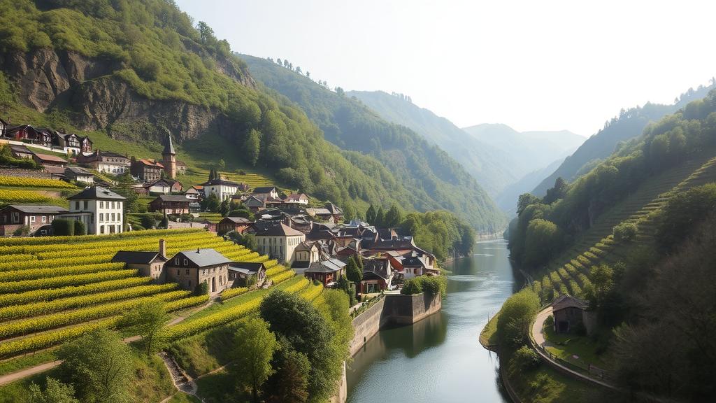 A picturesque view of the Mosel Valley showcasing vineyards along the river and mountains in the background.